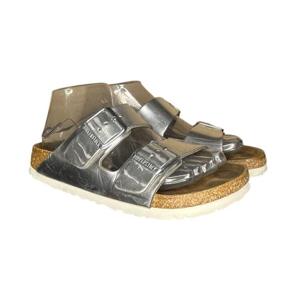 ***SOLD*** Birkenstock Arizona Sandal Softbed Leather Metallic Silver Size 6 - Picture 3 of 6
